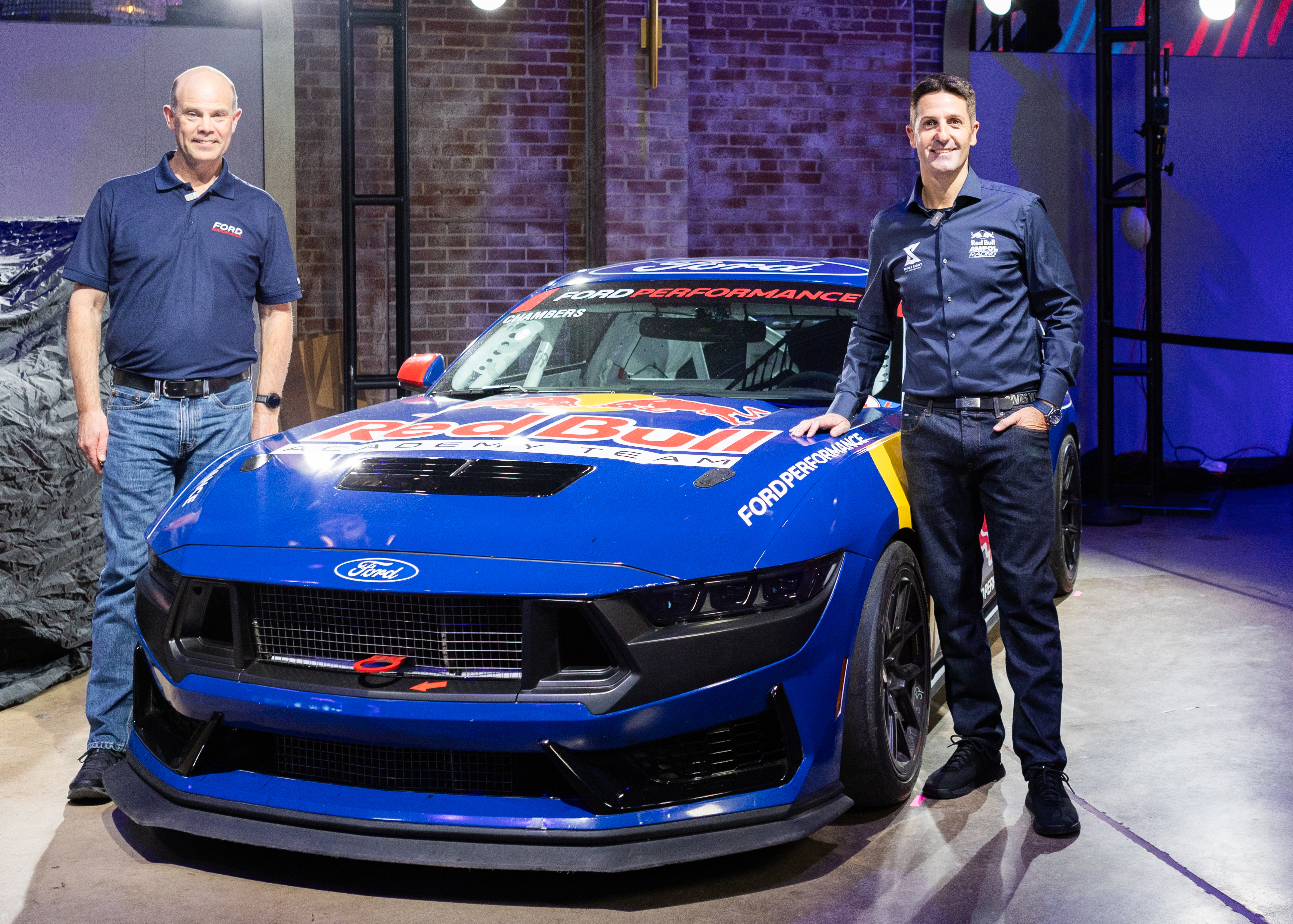 Mark Rushbrook and Jamie Whincup with a Mustang Dark Horse R at the Ford Racing 2025 Season Launch and announcement of the Triple-Eight partnership.